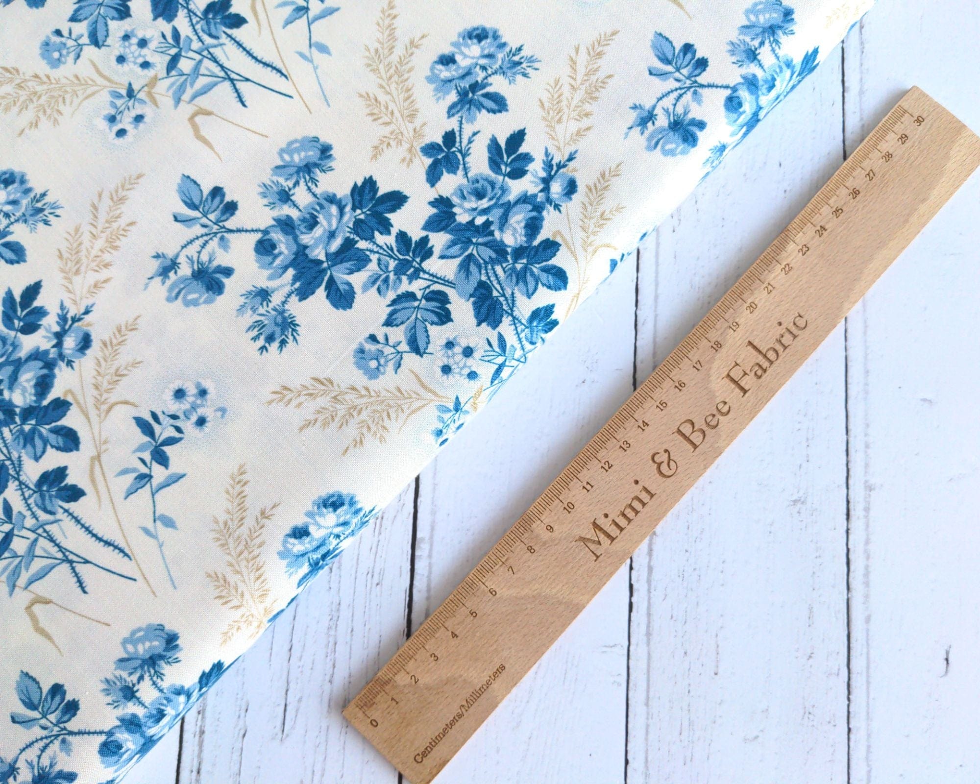 Fabric Blue floral roses on cream cotton fabric - Blue Escape by Laundry Basket Quilts