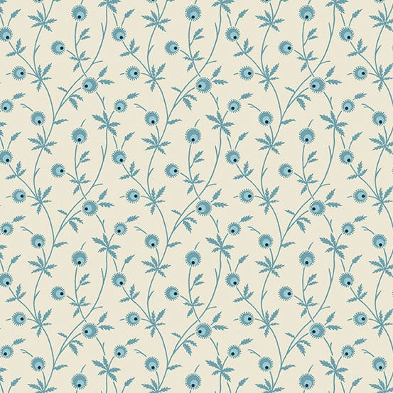 Fabric Blue floral roses on cream cotton fabric - Blue Escape by Laundry Basket Quilts