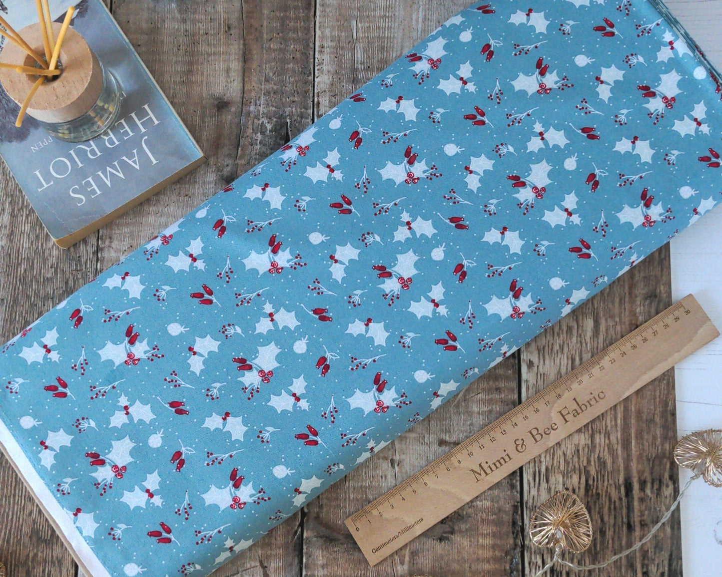 Fabric Blue holly and berry cotton fabric, 100% cotton CraftCottonCo