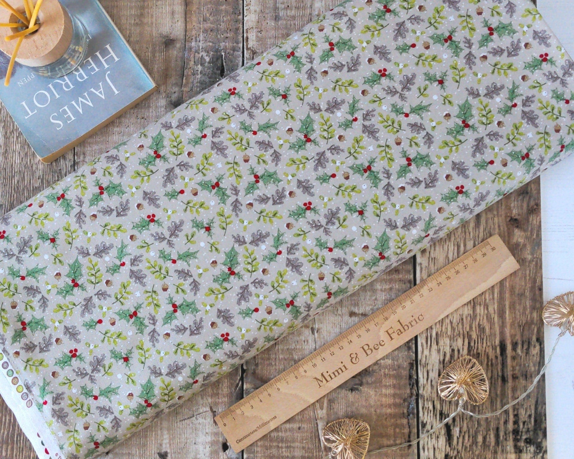 Fabric Blue holly and berry cotton fabric, 100% cotton CraftCottonCo