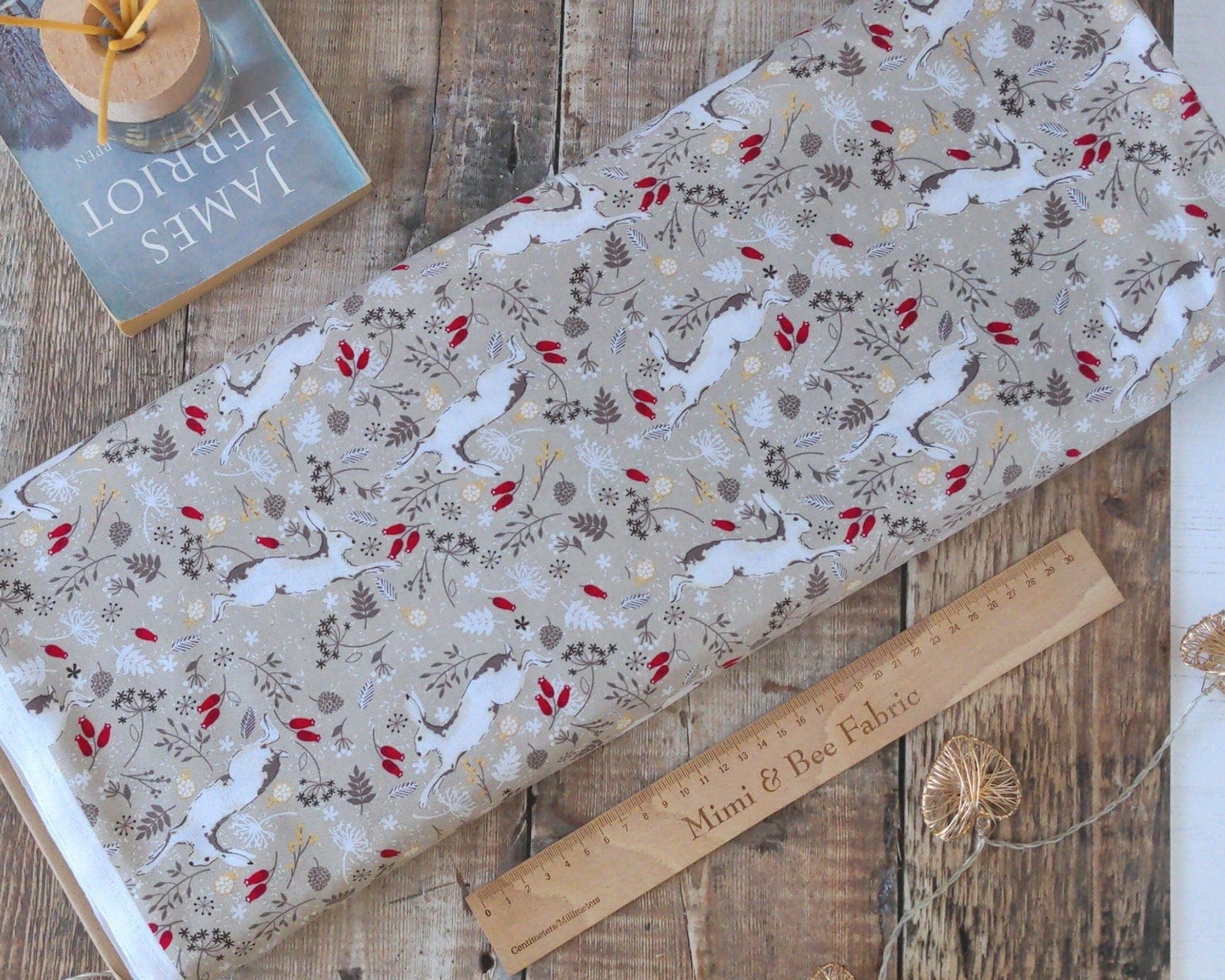 Fabric Blue holly and berry cotton fabric, 100% cotton CraftCottonCo