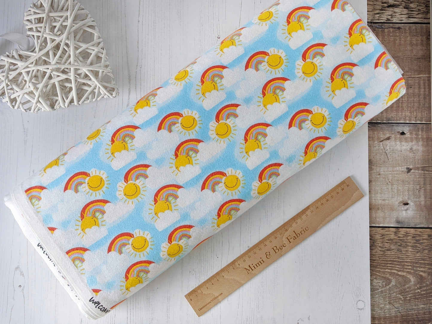 Fabric Blue rainbow and clouds flannel brushed cotton fabric - Welcome to the Jungle by 3 Wishes
