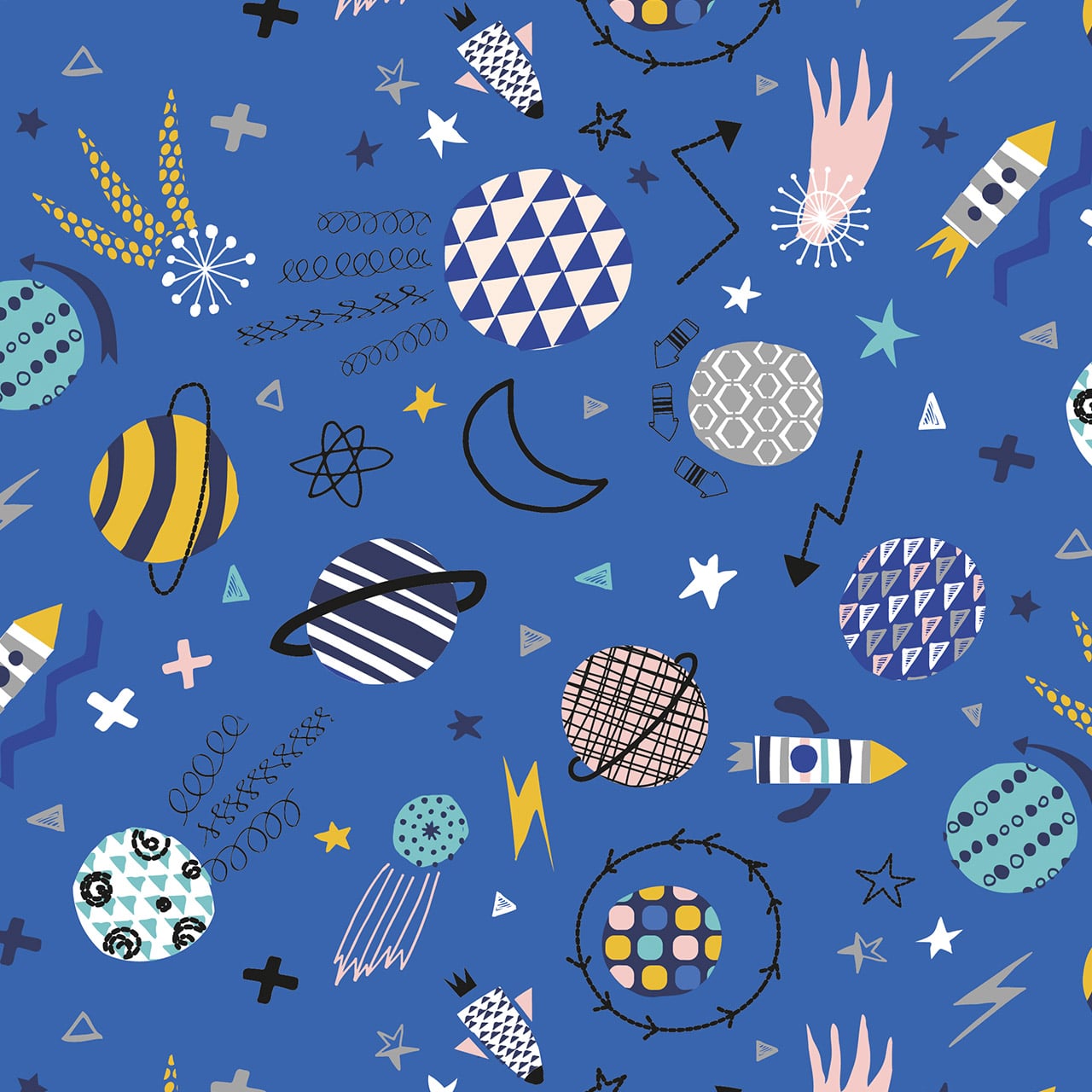 Fabric Blue rockets and planets kids cotton fabric - 'Blast Off' Dashwood Studio