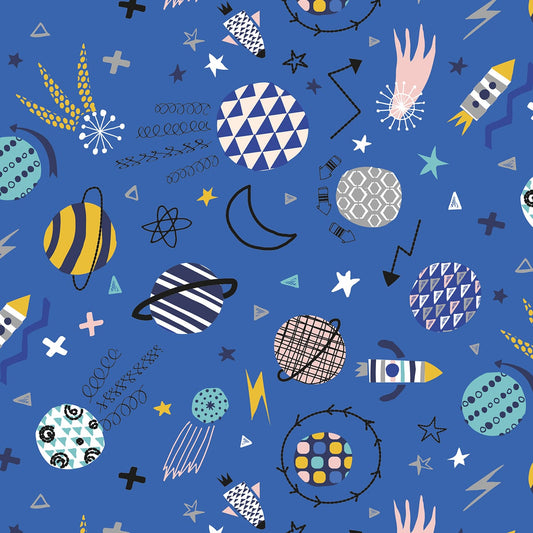 Fabric Blue rockets and planets kids cotton fabric - 'Blast Off' Dashwood Studio
