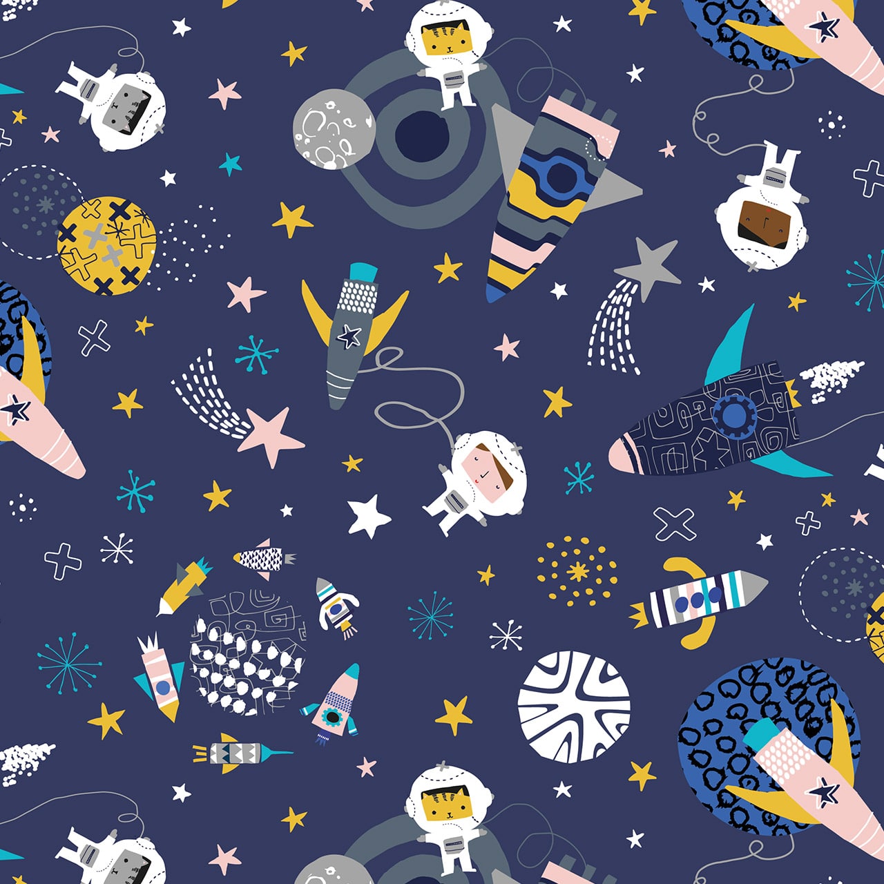 Fabric Blue rockets and planets kids cotton fabric - 'Blast Off' Dashwood Studio