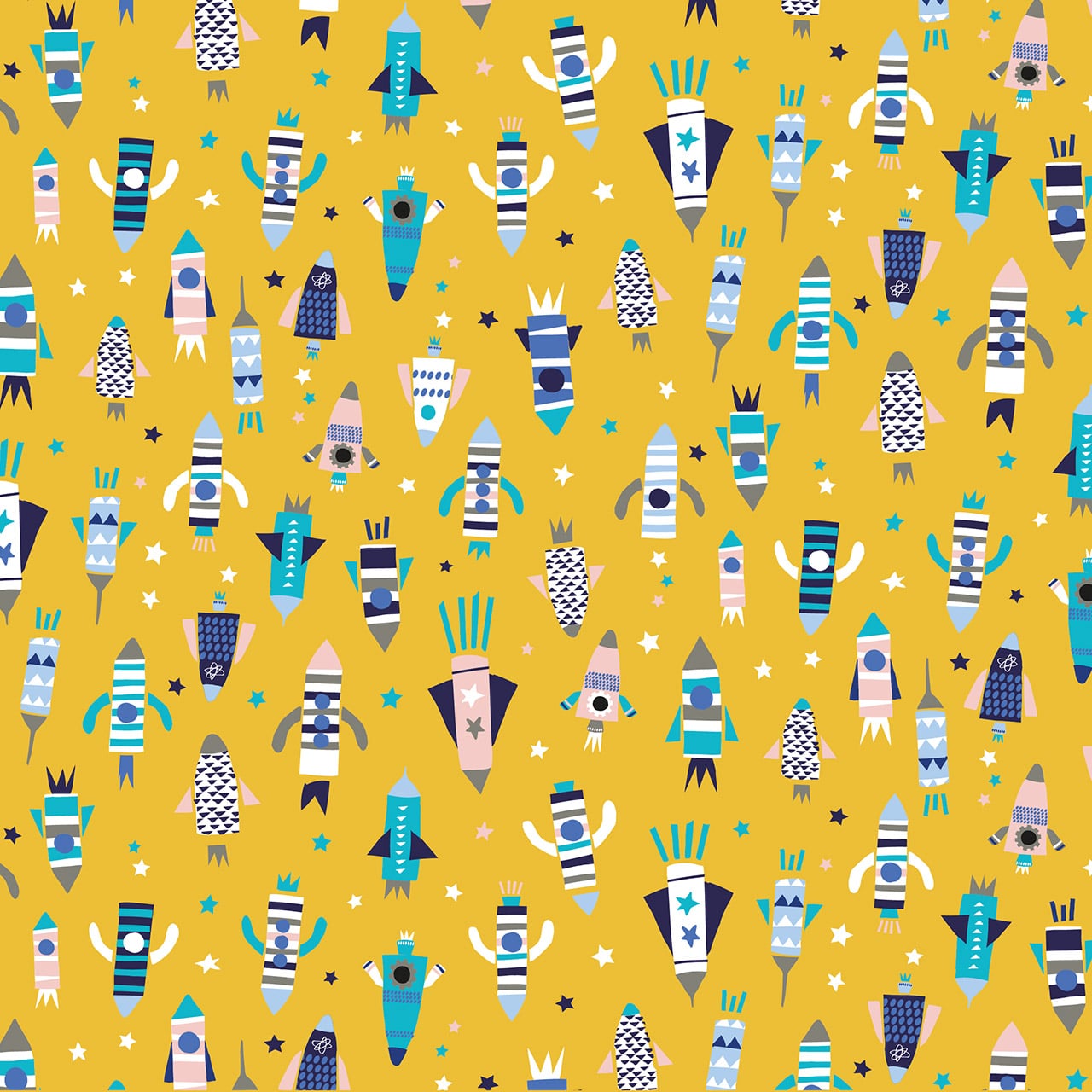 Fabric Blue rockets and planets kids cotton fabric - 'Blast Off' Dashwood Studio