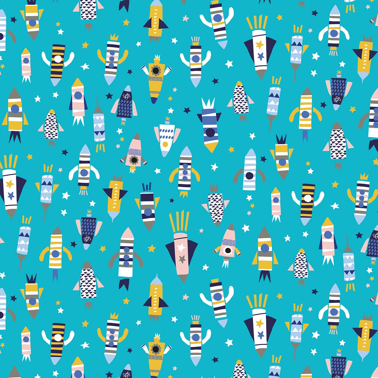 Fabric Blue rockets and planets kids cotton fabric - 'Blast Off' Dashwood Studio