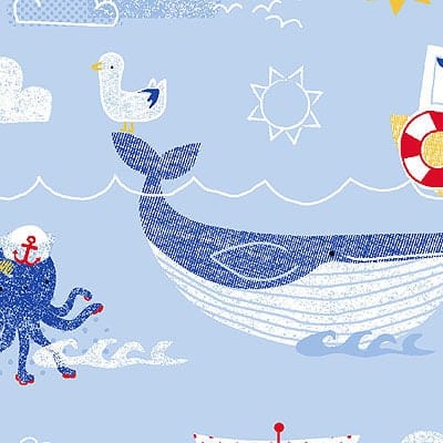 Fabric Boats, octopus and whales on blue cotton quilting fabric - Fabric Editions