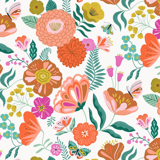 Fabric Bright Florals & Butterflies on White cotton fabric - Flutter By by Dashwood Studio