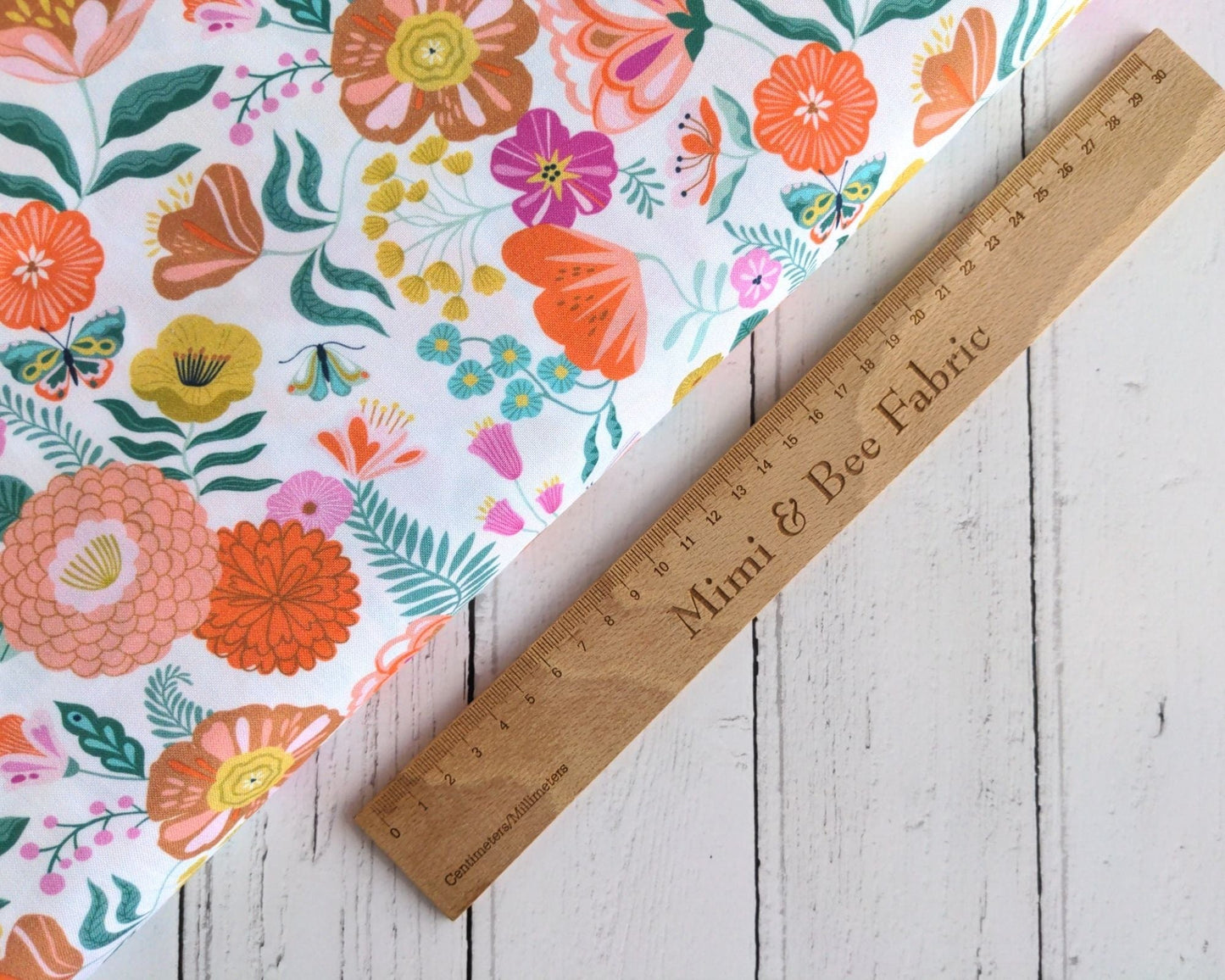 Fabric Bright Florals & Butterflies on White cotton fabric - Flutter By by Dashwood Studio
