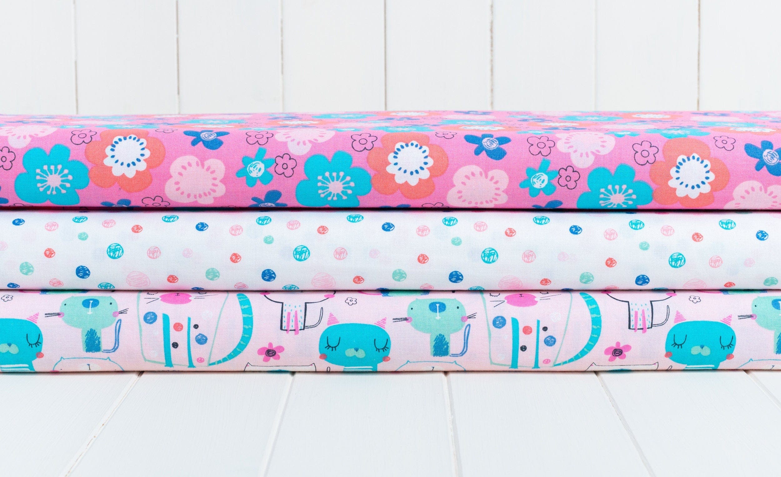 Fabric Bright pink and blue floral 100% cotton fabric - 'Furry Friends' Fabric Editions