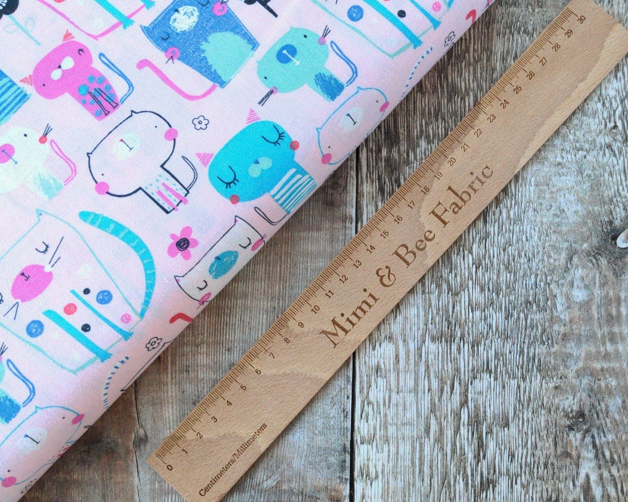 Fabric Bright pink and blue floral 100% cotton fabric - 'Furry Friends' Fabric Editions