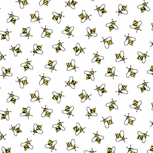 Fabric Bumble bees on white cotton fabric- Makower 2/9989 L Bees