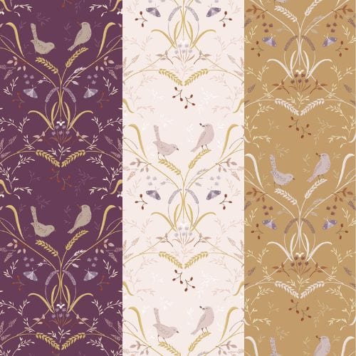 Fabric Butterflies and grassfield on purple cotton fabric - Meadowside by Lewis & Irene