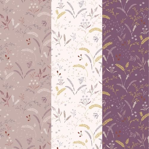 Fabric Butterflies and grassfield on purple cotton fabric - Meadowside by Lewis & Irene