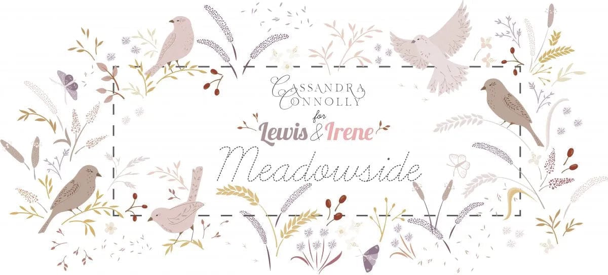 Fabric Butterflies and grassfields on pink cotton fabric - Meadowside by Lewis & Irene