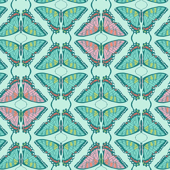 Fabric Butterflies on green cotton fabric - 'Flora and Fauna' Makower