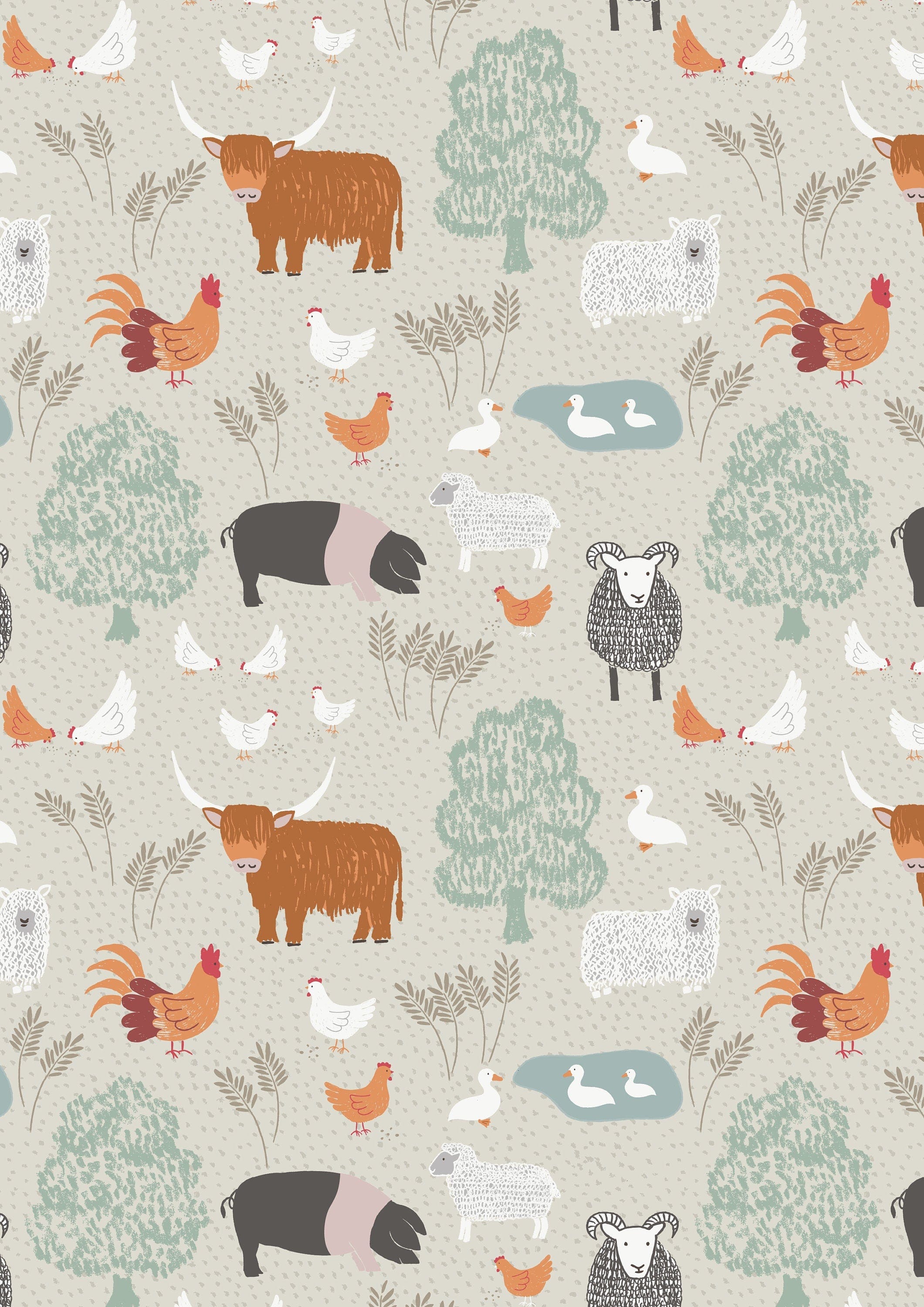 Fabric Chickens on light beige fabric - 'Country Life Reloved' Lewis & Irene