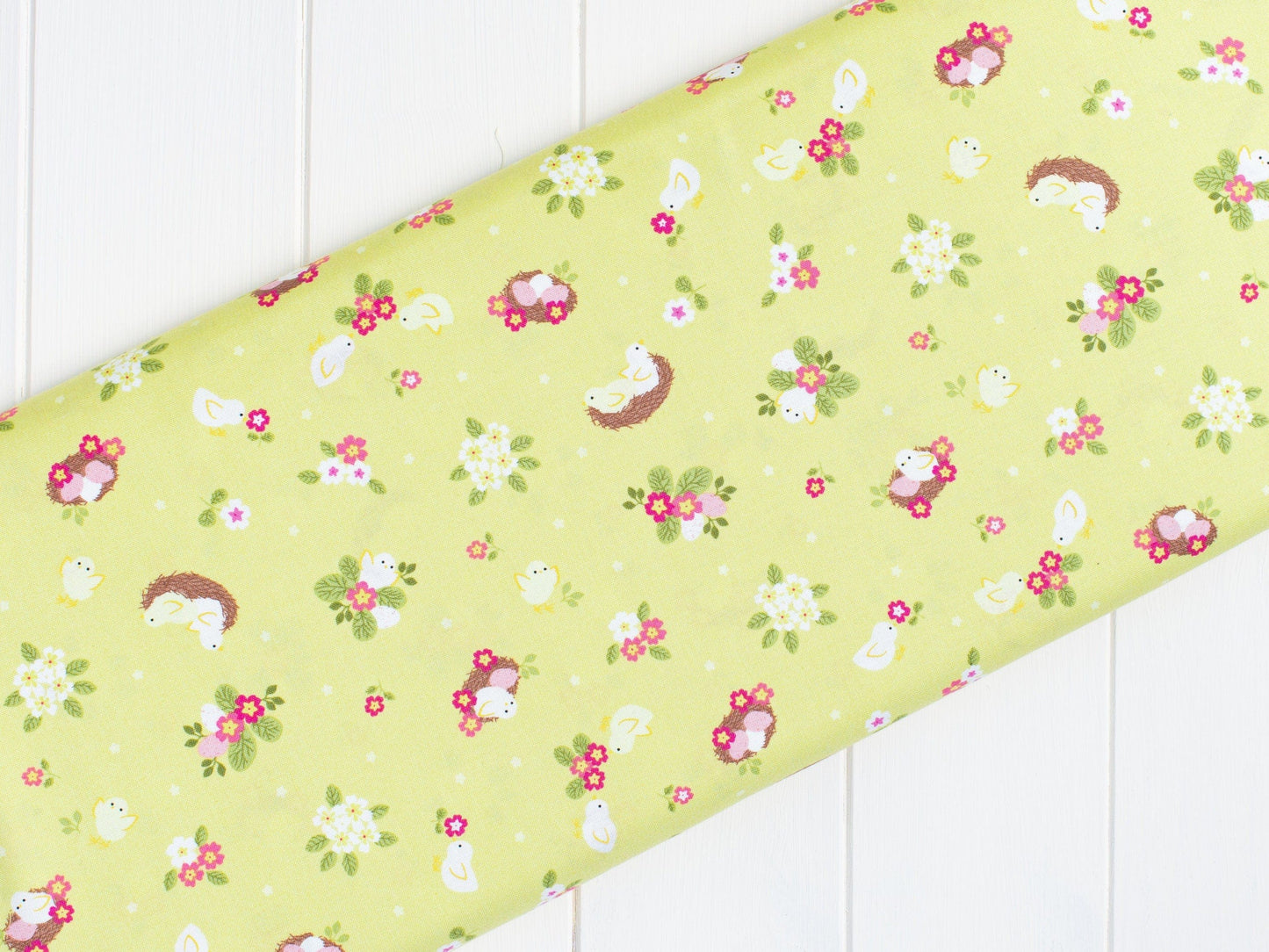 Fabric Chicks Nests Eggs and Floral Yellow quilting cotton fabric - Bunny Hop by Lewis & Irene