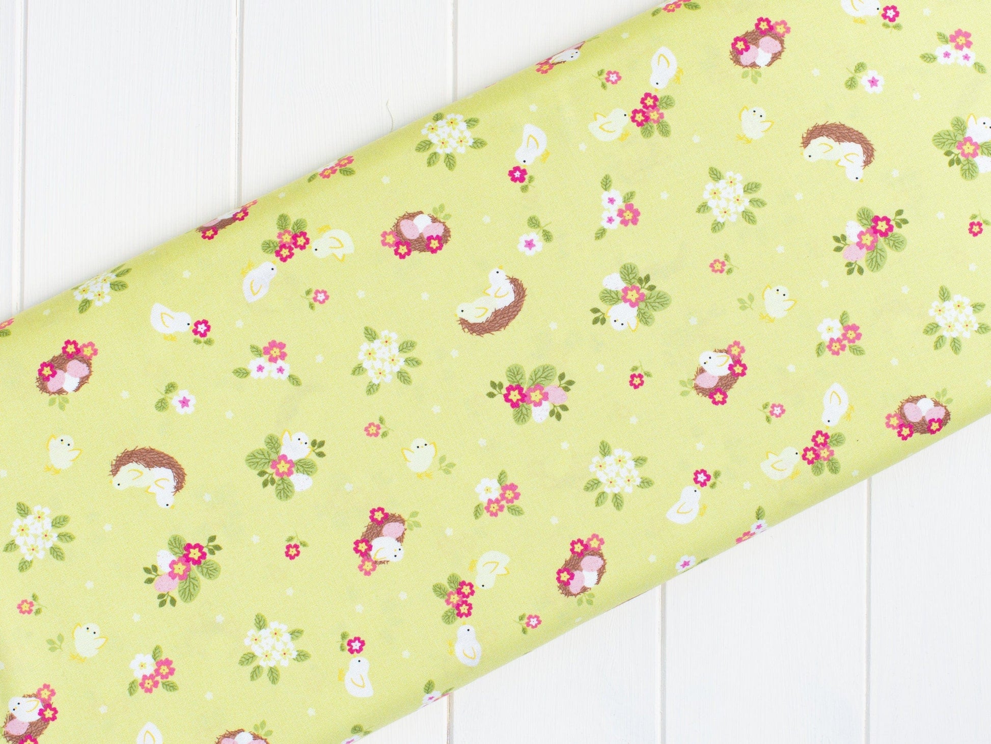 Fabric Chicks Nests Eggs and Floral Yellow quilting cotton fabric - Bunny Hop by Lewis & Irene