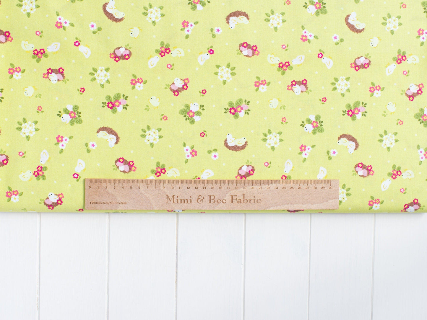 Fabric Chicks Nests Eggs and Floral Yellow quilting cotton fabric - Bunny Hop by Lewis & Irene