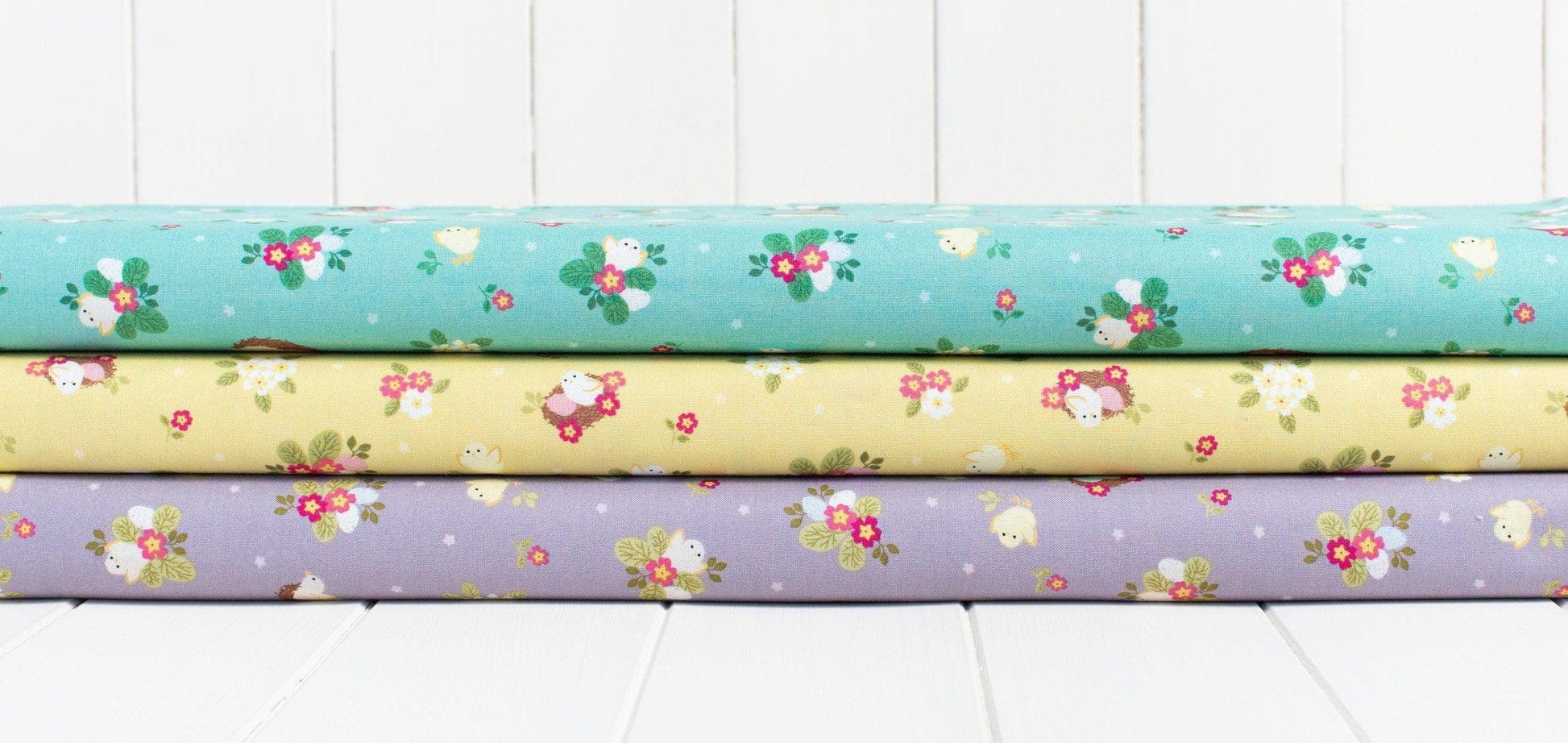 Fabric Chicks Nests Eggs and Floral Yellow quilting cotton fabric - Bunny Hop by Lewis & Irene