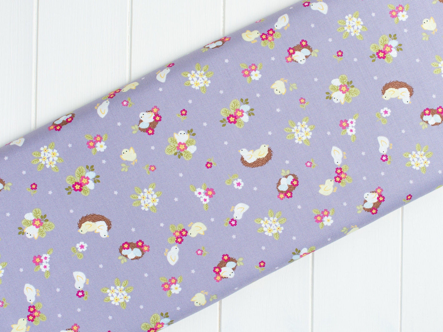 Fabric Chicks Nests Eggs and Floral Yellow quilting cotton fabric - Bunny Hop by Lewis & Irene
