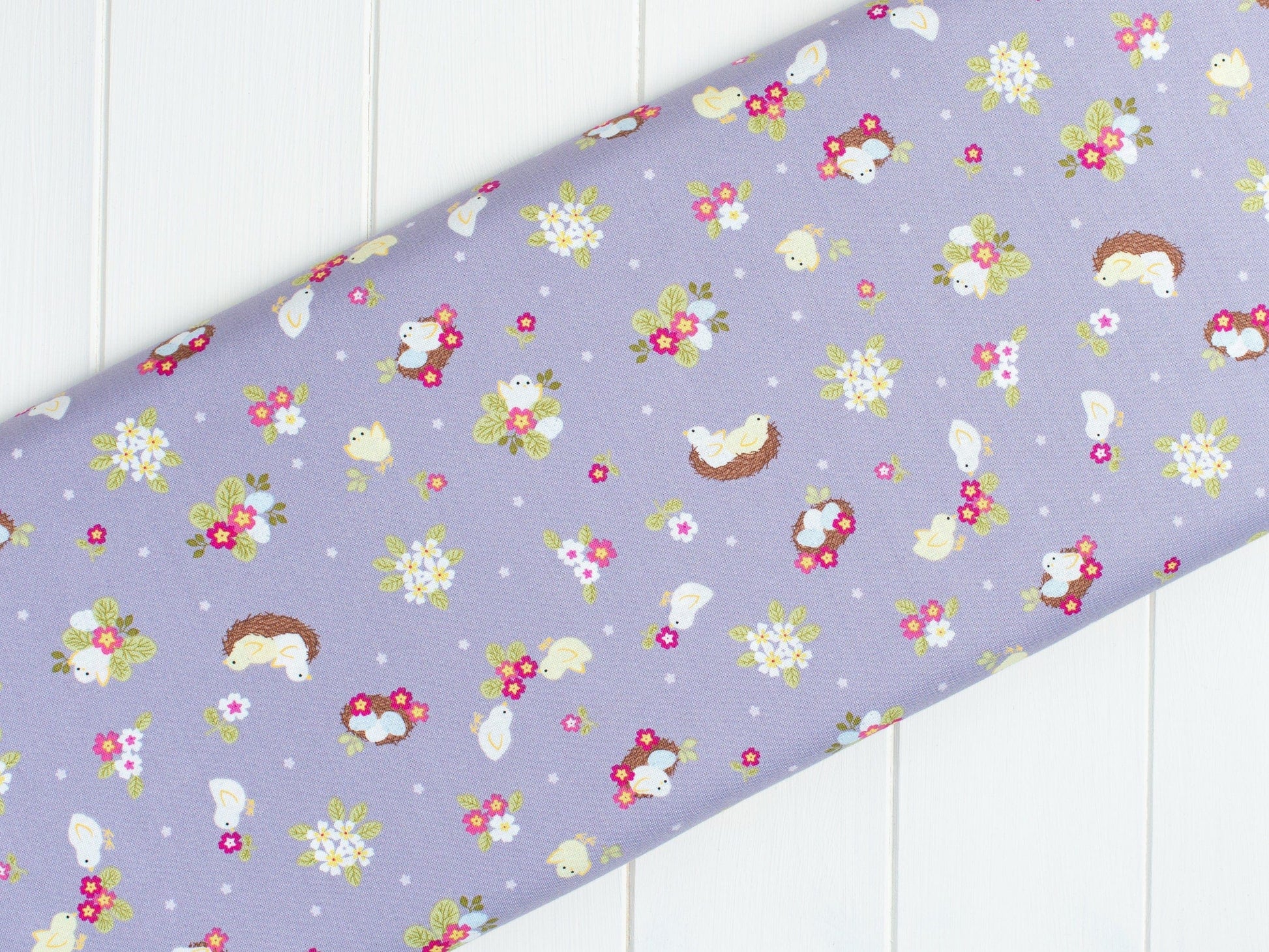 Fabric Chicks Nests Eggs and Floral Yellow quilting cotton fabric - Bunny Hop by Lewis & Irene