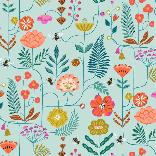 Fabric Climbing Flowers and Bees on Mint Green cotton fabric - Flutter By by Dashwood Studio