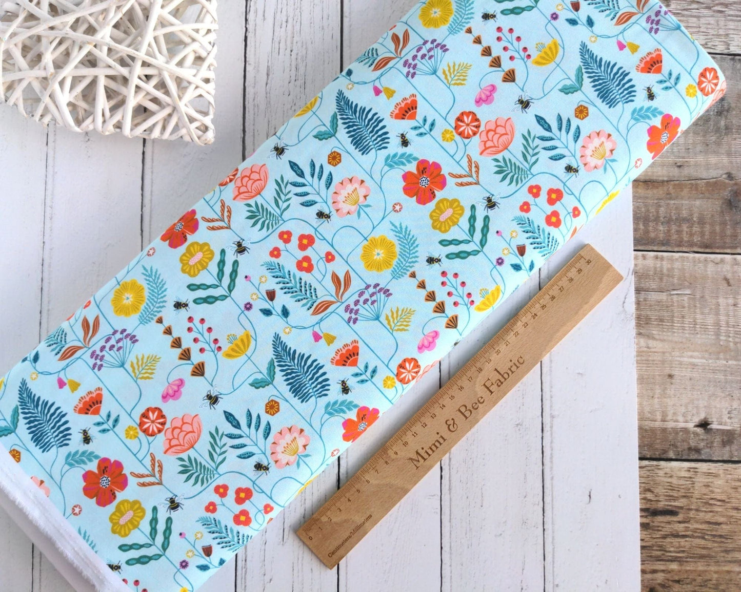 Fabric Climbing Flowers and Bees on Mint Green cotton fabric - Flutter By by Dashwood Studio
