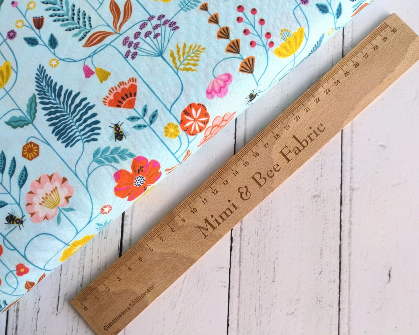 Fabric Climbing Flowers and Bees on Mint Green cotton fabric - Flutter By by Dashwood Studio