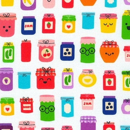 Fabric Colourful Jam and Pickle Jars on White cotton fabric - Farm to Table by Robert Kaufman