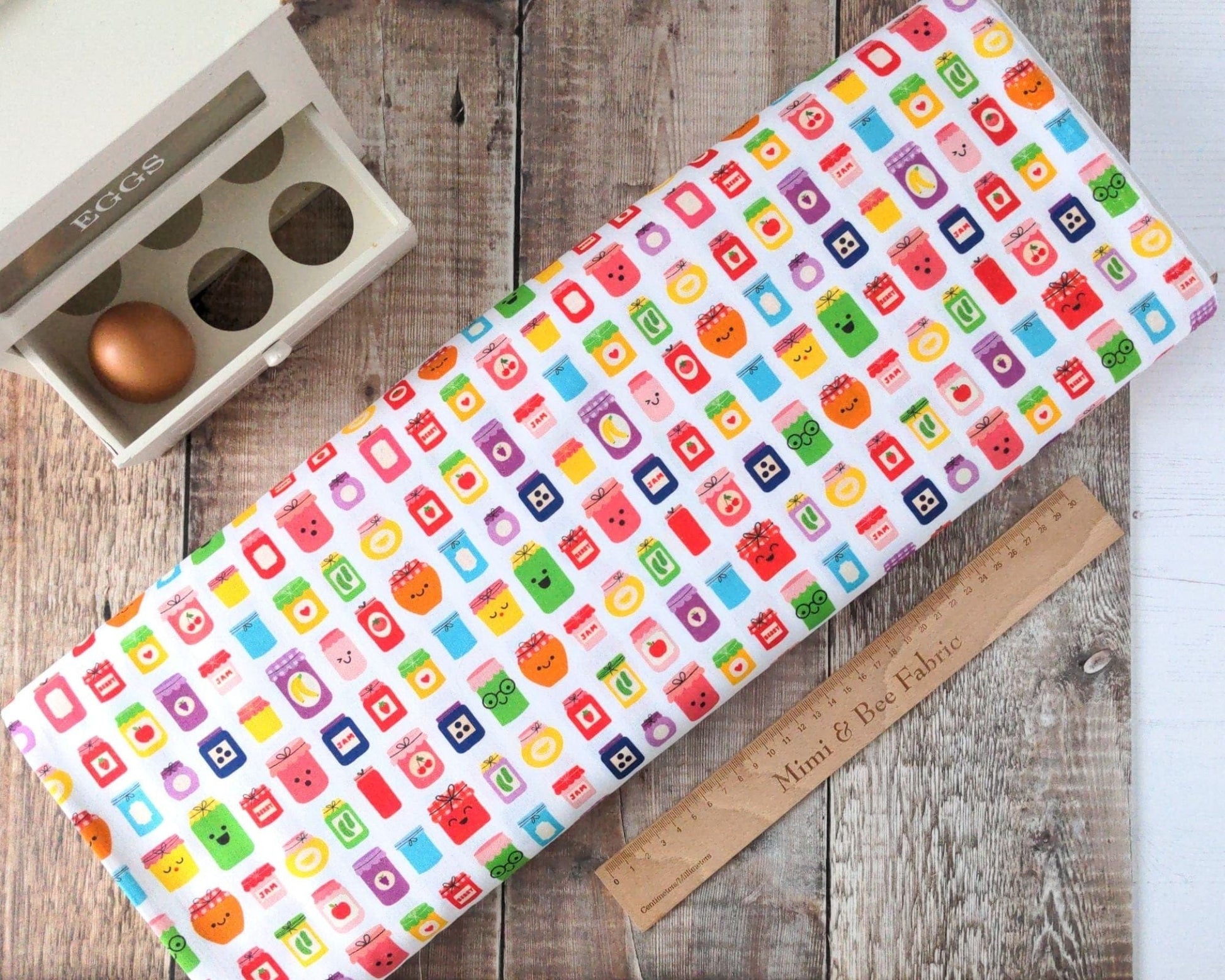Fabric Colourful Jam and Pickle Jars on White cotton fabric - Farm to Table by Robert Kaufman