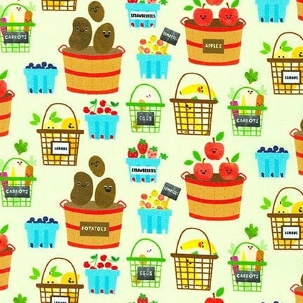 Fabric Colourful Jam and Pickle Jars on White cotton fabric - Farm to Table by Robert Kaufman