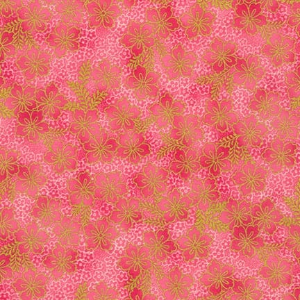 Fabric Coral red floral Japanese style cotton fabric with gold - Robert Kaufman