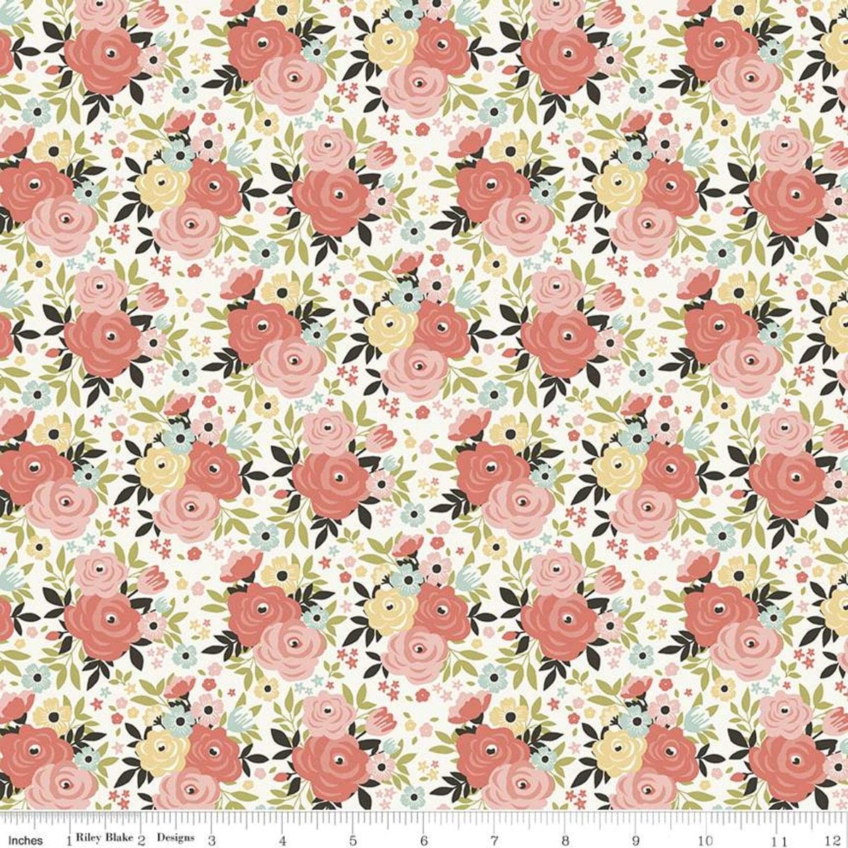 Fabric Cream and coral floral cotton fabric - 'Joy in the Journey' Riley Blake