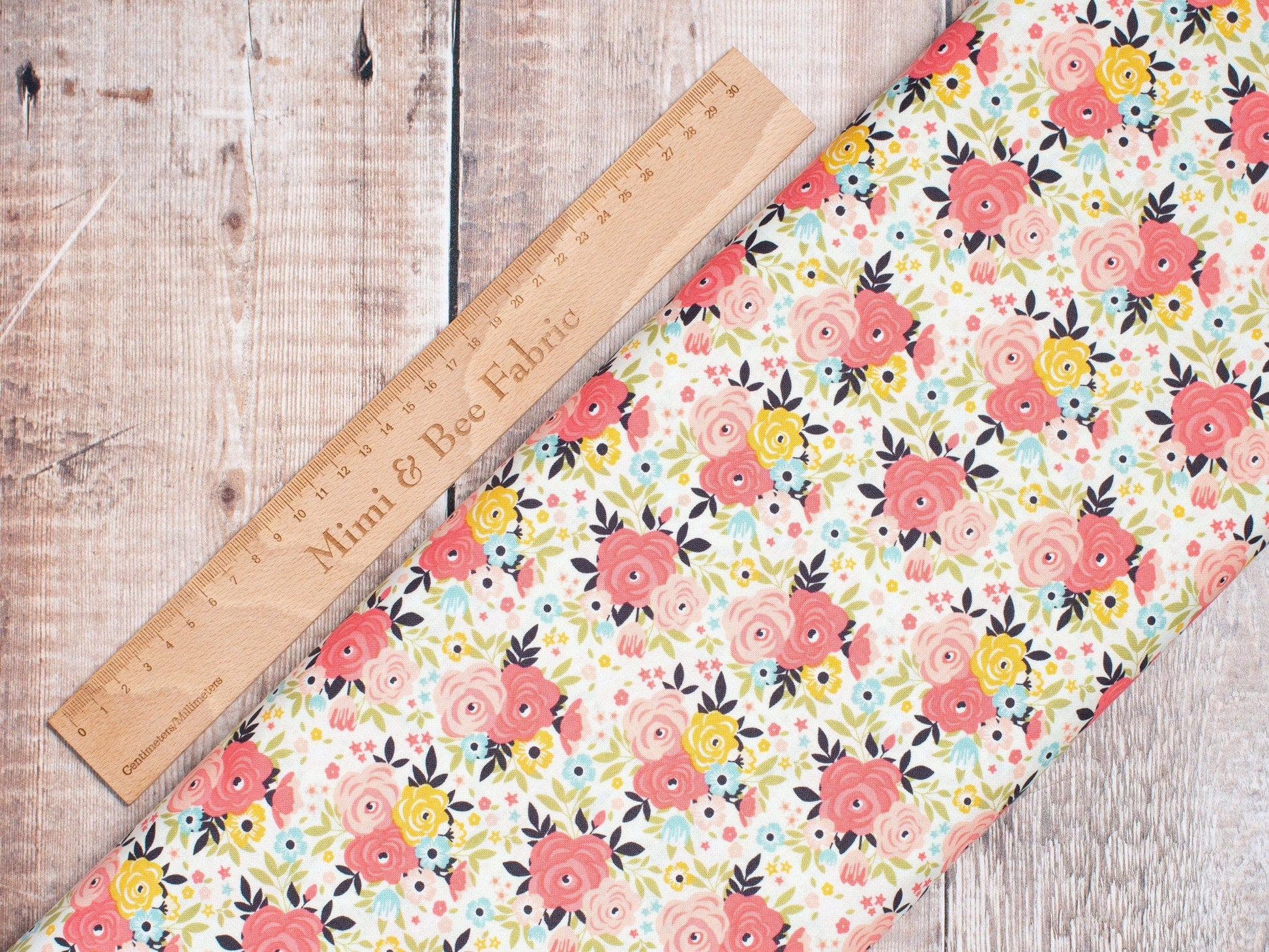 Fabric Cream and coral floral cotton fabric - 'Joy in the Journey' Riley Blake