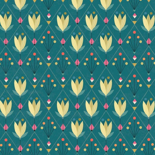 Fabric Cream Tulips on teal cotton fabric  - 'Tree Of Life' Dashwood Studio