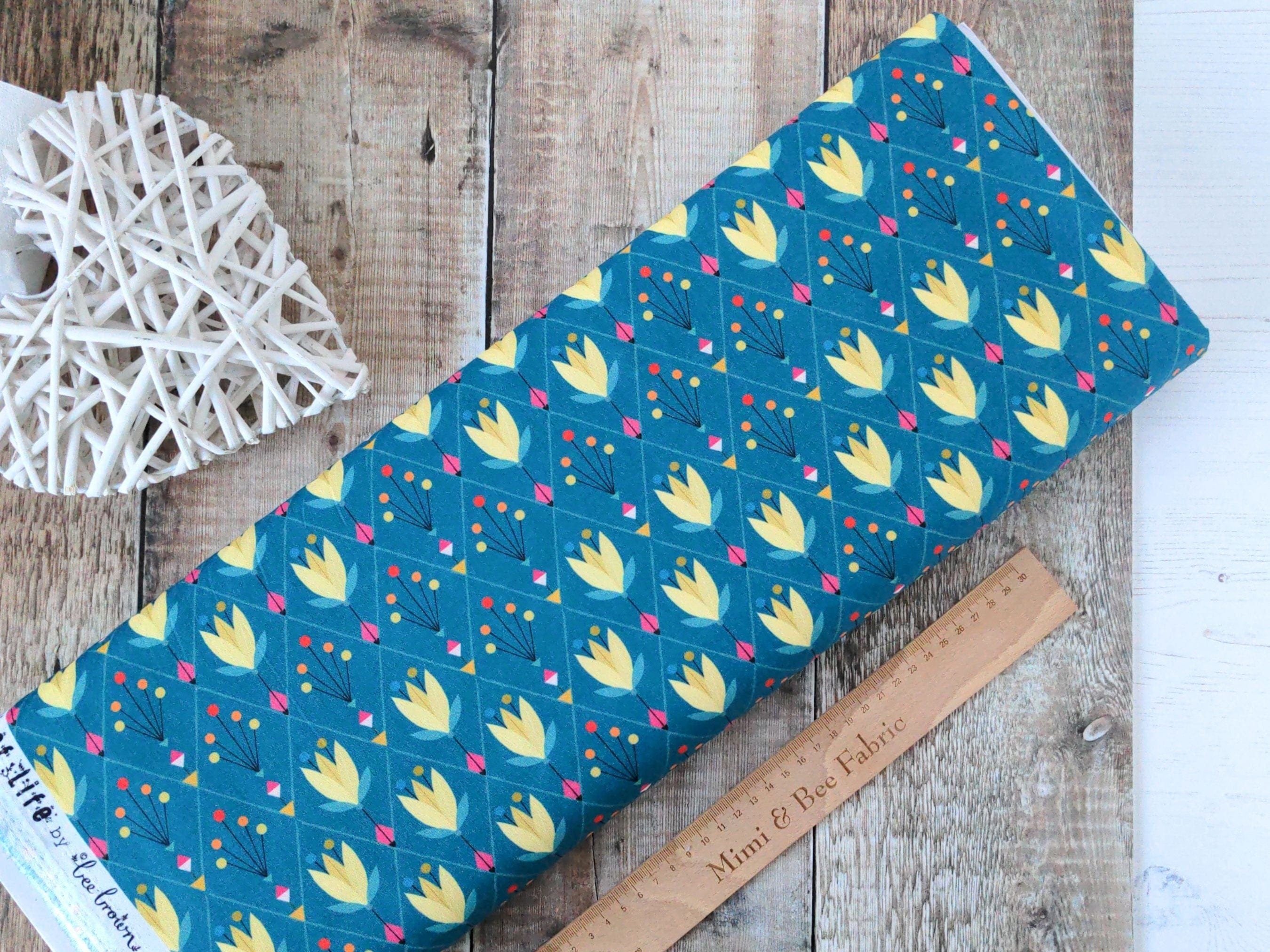 Fabric Cream Tulips on teal cotton fabric  - 'Tree Of Life' Dashwood Studio