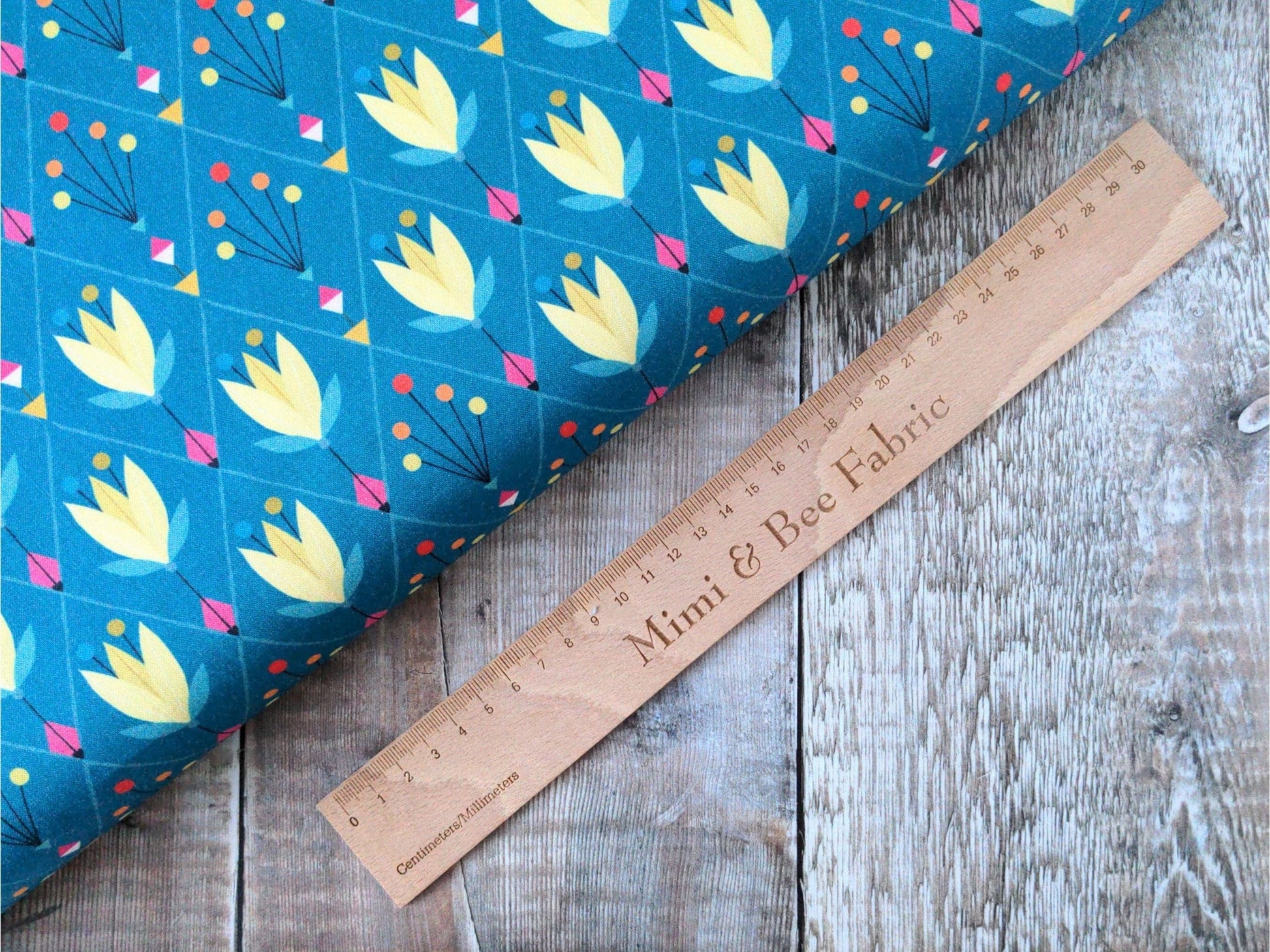 Fabric Cream Tulips on teal cotton fabric  - 'Tree Of Life' Dashwood Studio