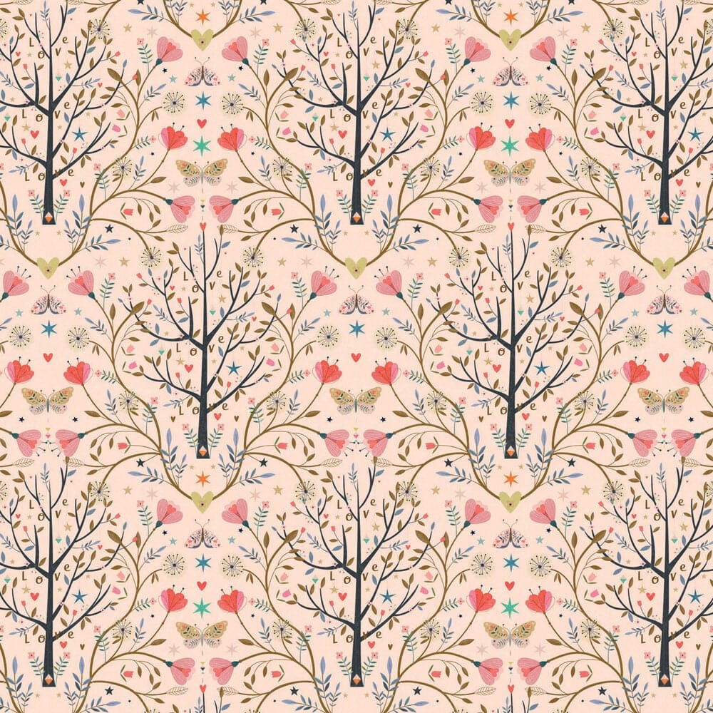 Fabric Cream Tulips on teal cotton fabric  - 'Tree Of Life' Dashwood Studio