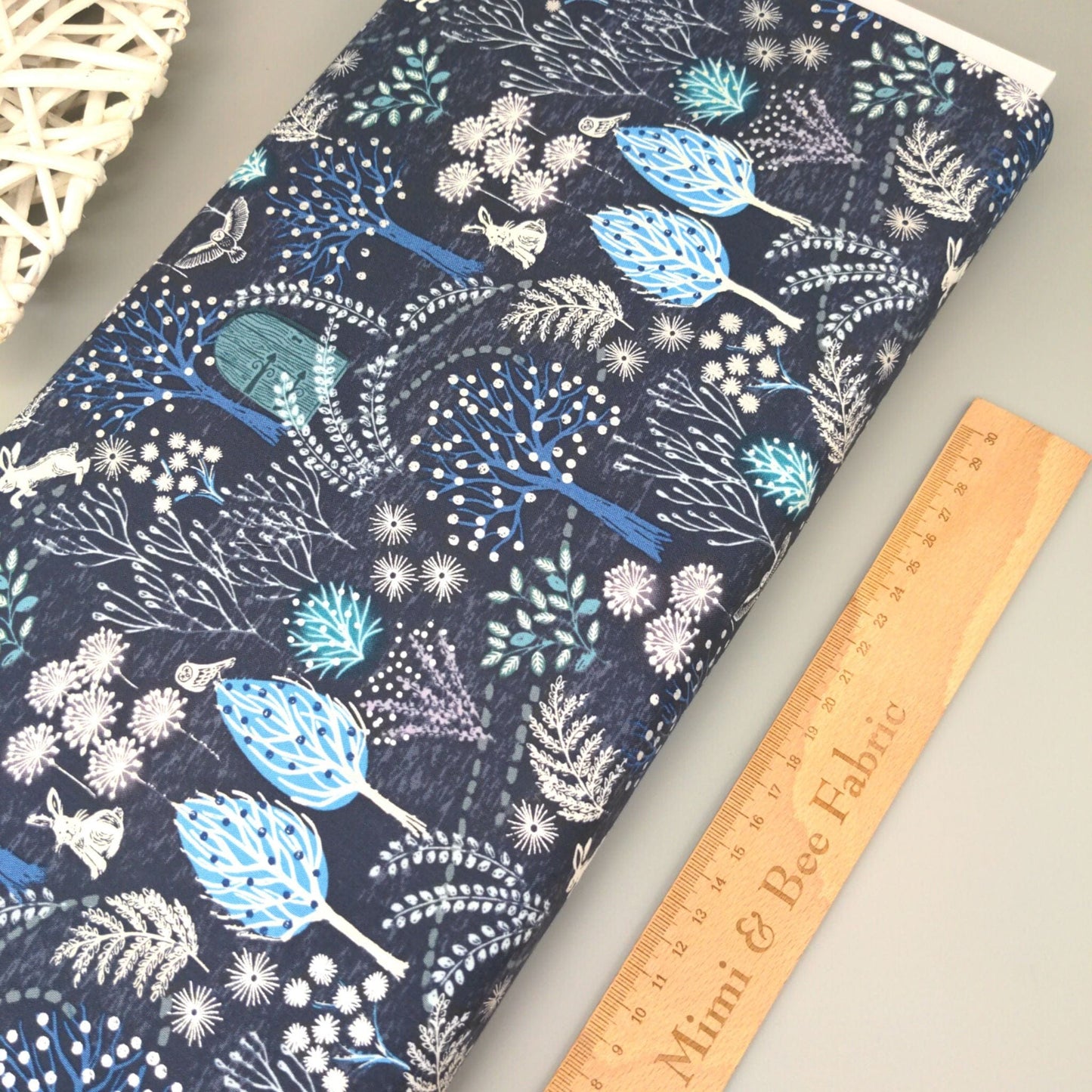 Fabric (custom order) Rabbits on midnight blue cotton - The Secret Winter Garden - Lewis & Irene