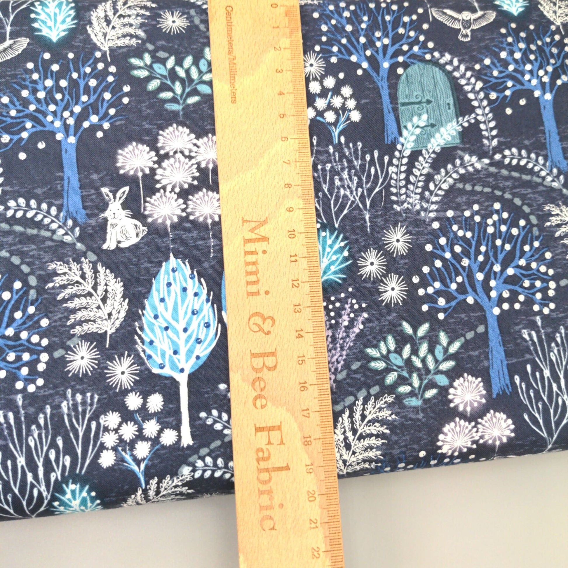 Fabric (custom order) Rabbits on midnight blue cotton - The Secret Winter Garden - Lewis & Irene
