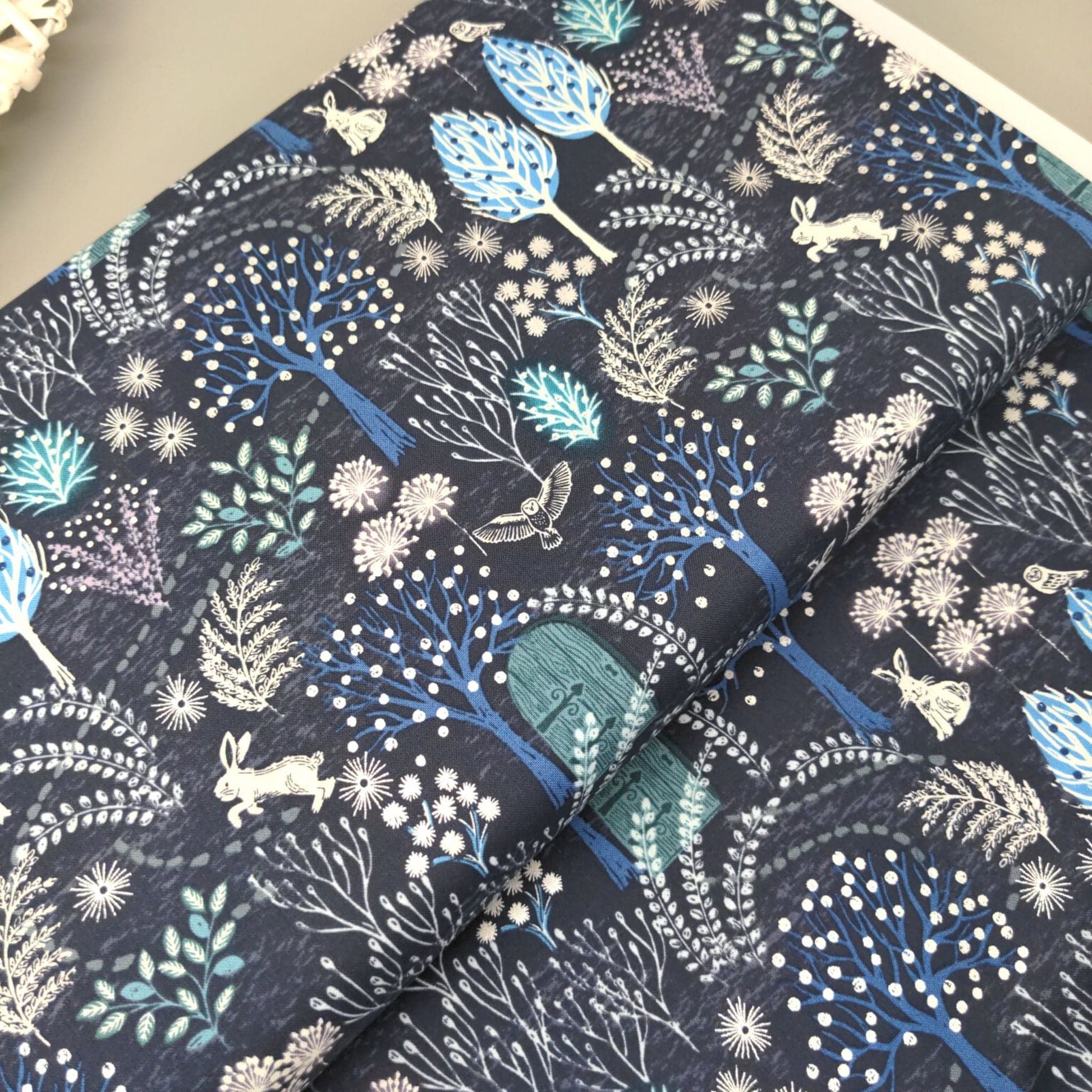 Fabric (custom order) Rabbits on midnight blue cotton - The Secret Winter Garden - Lewis & Irene