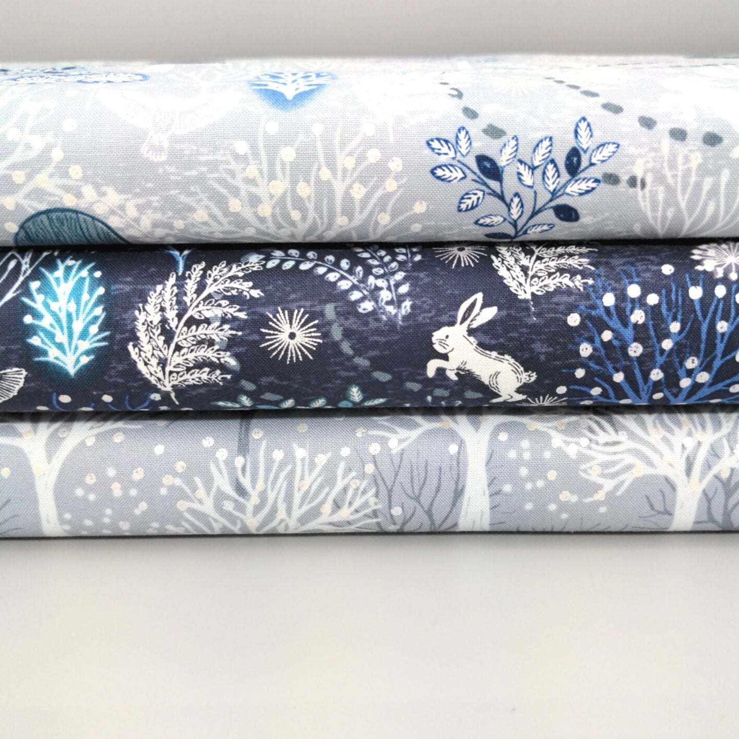 Fabric (custom order) Rabbits on midnight blue cotton - The Secret Winter Garden - Lewis & Irene