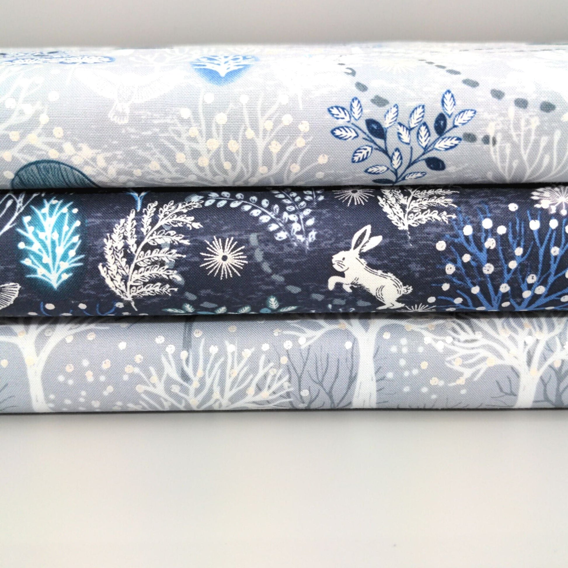 Fabric (custom order) Rabbits on midnight blue cotton - The Secret Winter Garden - Lewis & Irene