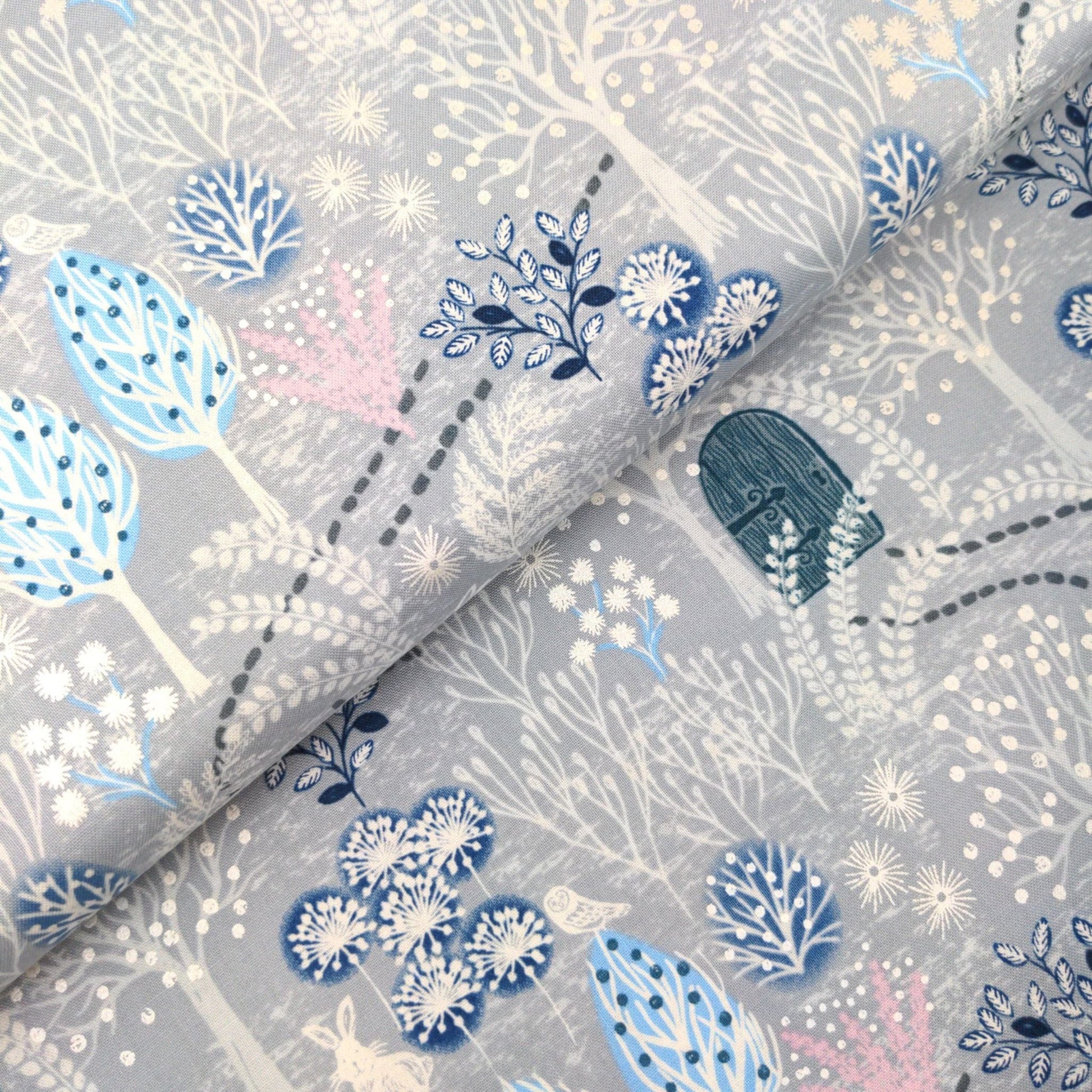Fabric (custom order) Rabbits on midnight blue cotton - The Secret Winter Garden - Lewis & Irene