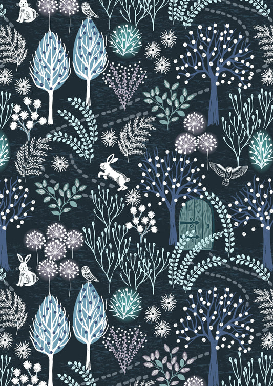 Fabric (custom order) Rabbits on midnight blue cotton - The Secret Winter Garden - Lewis & Irene