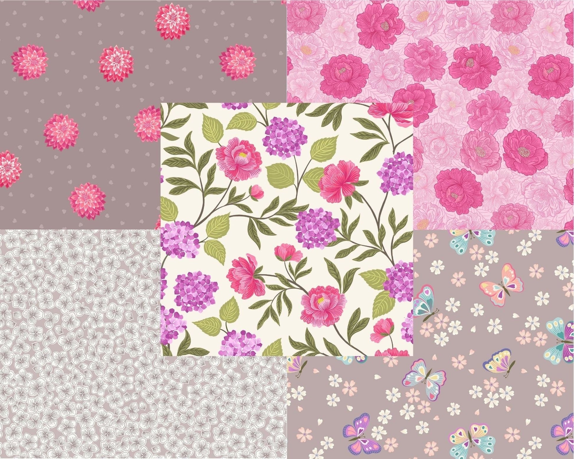 Fabric Dahlia hearts on light brown cotton fabric - Love Blooms by Lewis & Irene