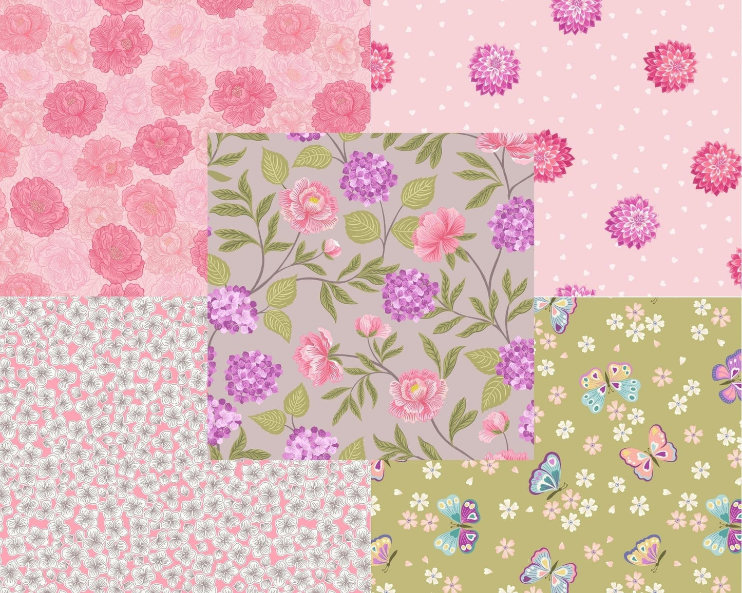 Fabric Dahlia's hearts on pale pink cotton fabric - Love Blooms by Lewis & Irene